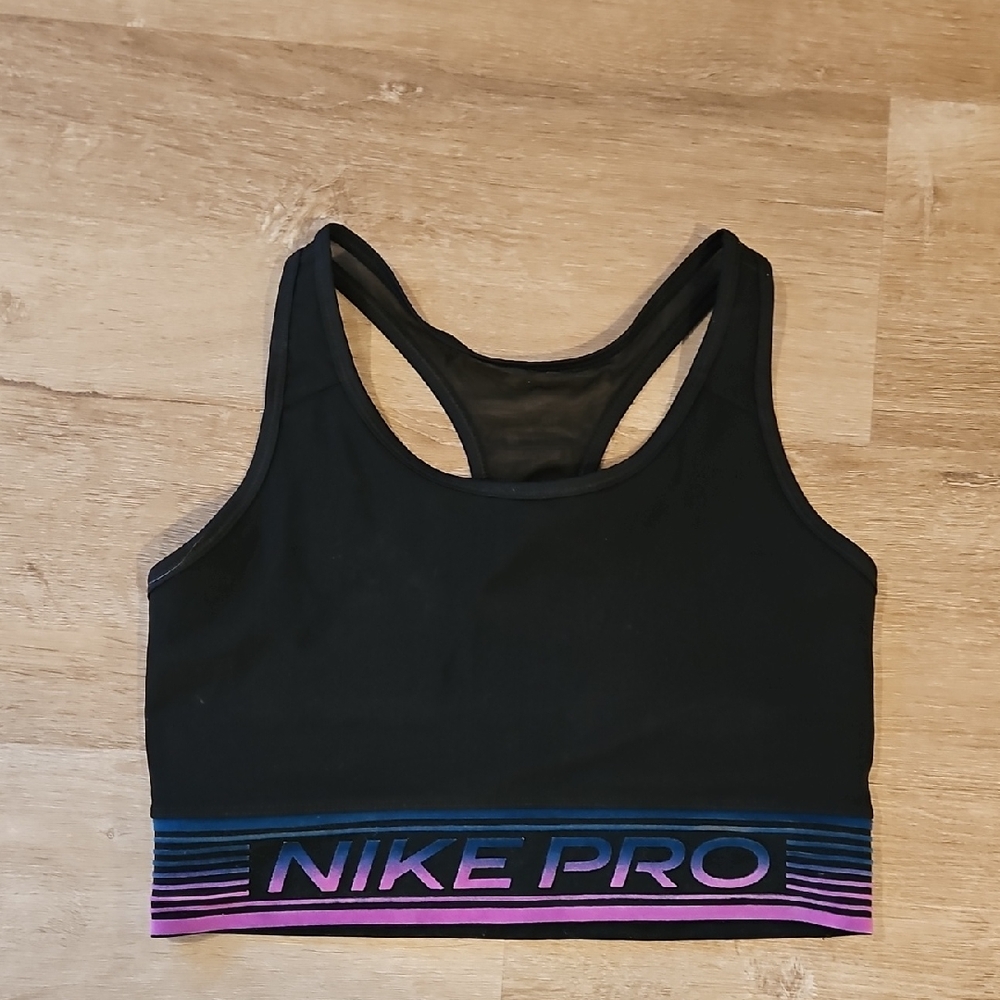 Nike Pro Black Sports Bra with Purple and Blue Trim Size Large